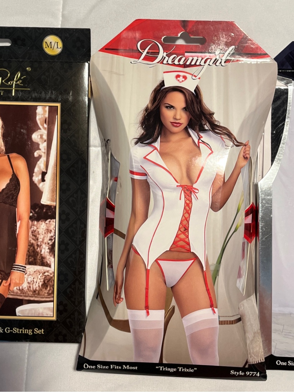 All 3 …. Nurse Costume Lingerie, chemise/g-string set and stocking/g-string set